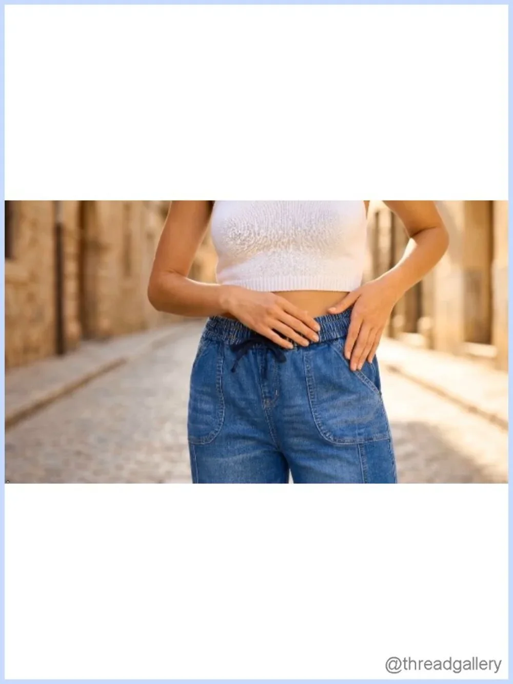 Mid Rise Straight Leg Bermuda Denim Shorts Drawstring Waist